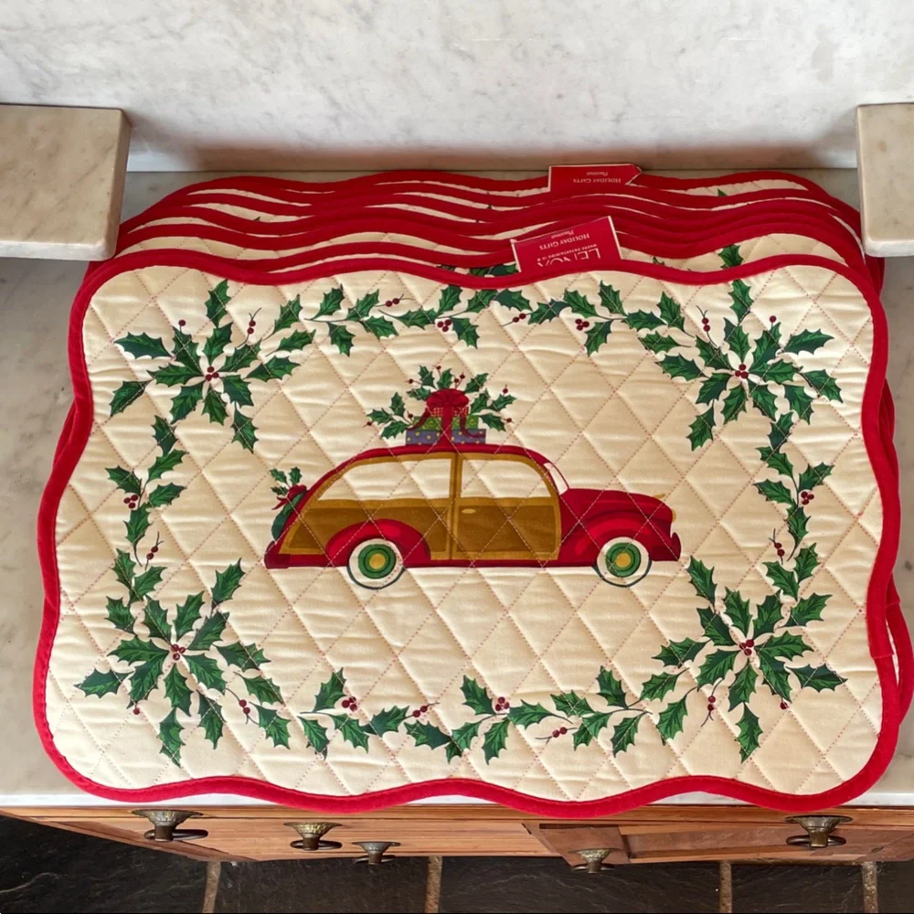 LENOX Holiday Antique Car and Holly Quilted Placemats Red and Green Qty (7)